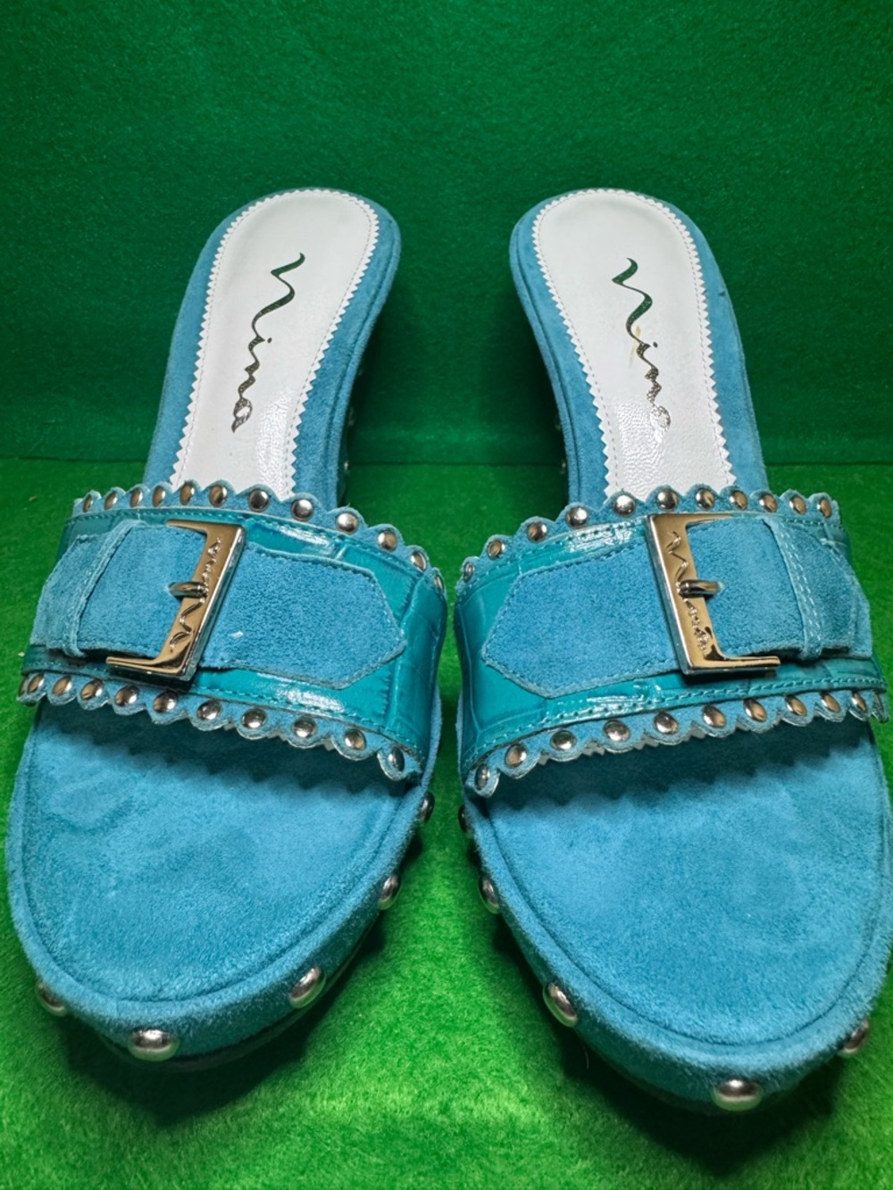 Nina Teal Suede & Patent Studded Slide Mules